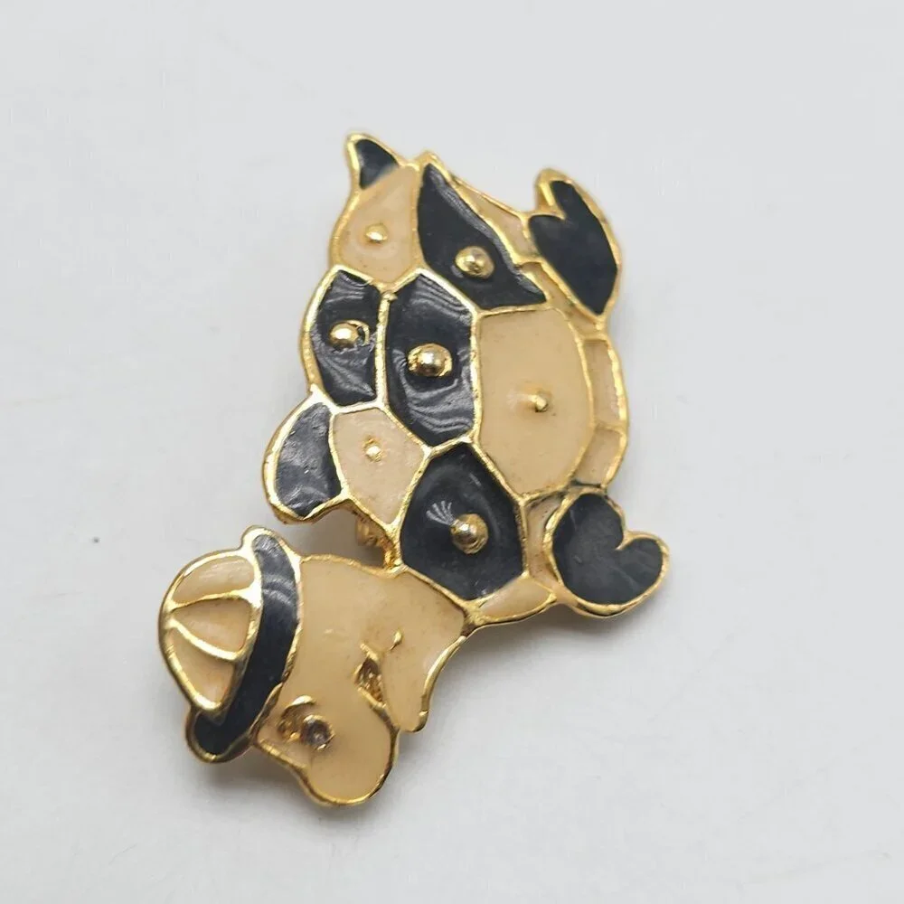 Vintage Gold Tone Turtle Brooch With Black Cream Enamel Finish